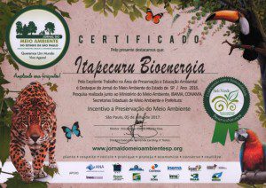 Certificado pelo excelente trabalho na área de preservação e educação ambiental.  